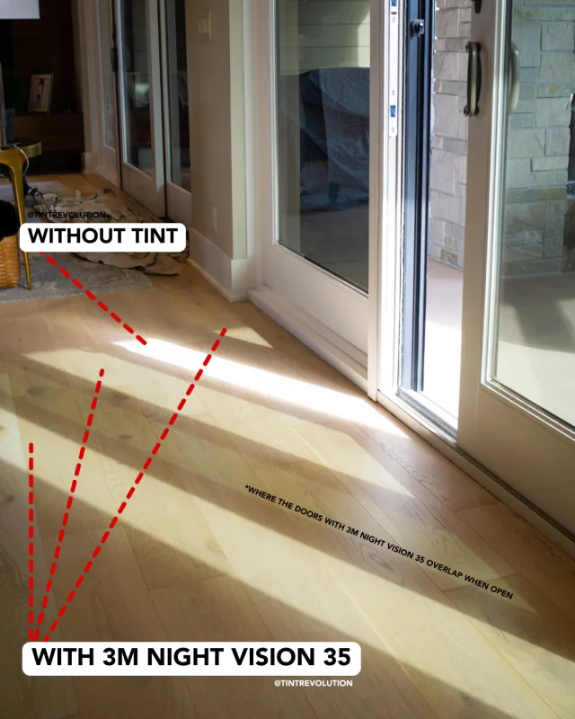 Side-by-side comparison of sunlight on a hardwood floor without tint and with 3M Night Vision 35 window film